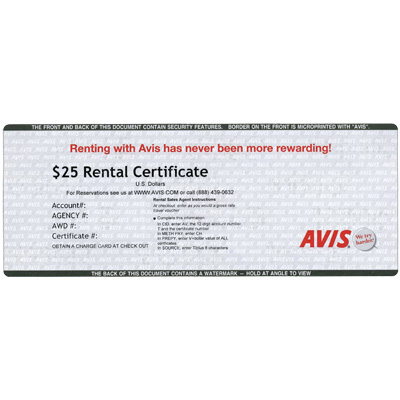 AVIS® Rental $25 Gift Card - Use this card to book low rates online and reserve a rental car!
